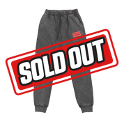 Black sweatpants fabric with bright red embroidered twisted rose and thorn vine design on the leg.