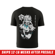 Black short-sleeve shirt with small white logo on chest and anime-style graphic with teal accents on the back.