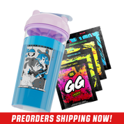 Clear shaker cup with a pink lid and a bold black stylized logo on the side