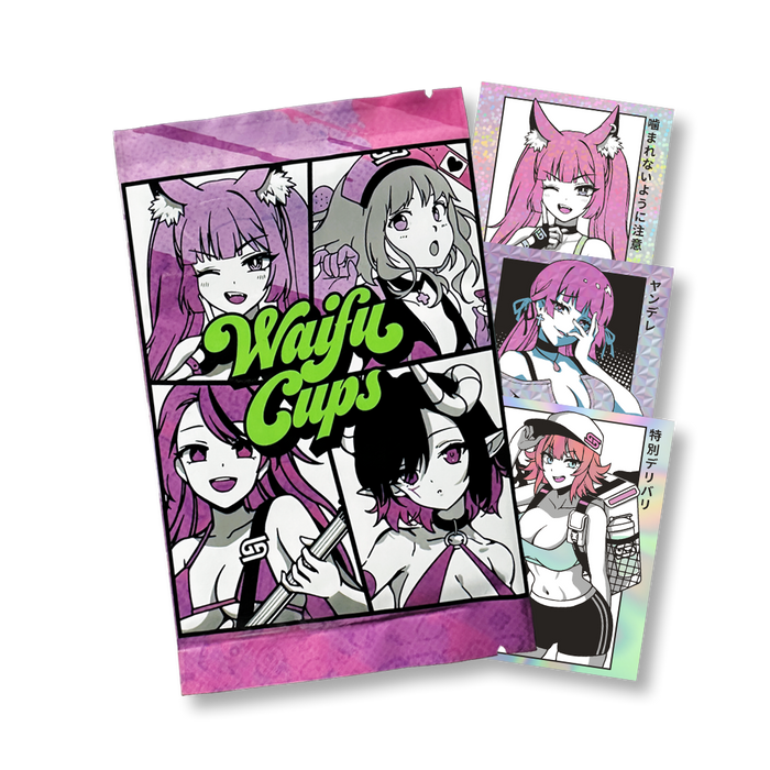Three purple-themed sticker packs featuring anime-style female characters with varied hairstyles and expressions.