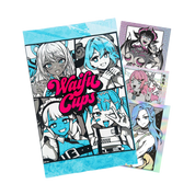 Three blue-themed sticker packs featuring anime-style female characters with white and blue hair and pink "Waifu Cups" text.