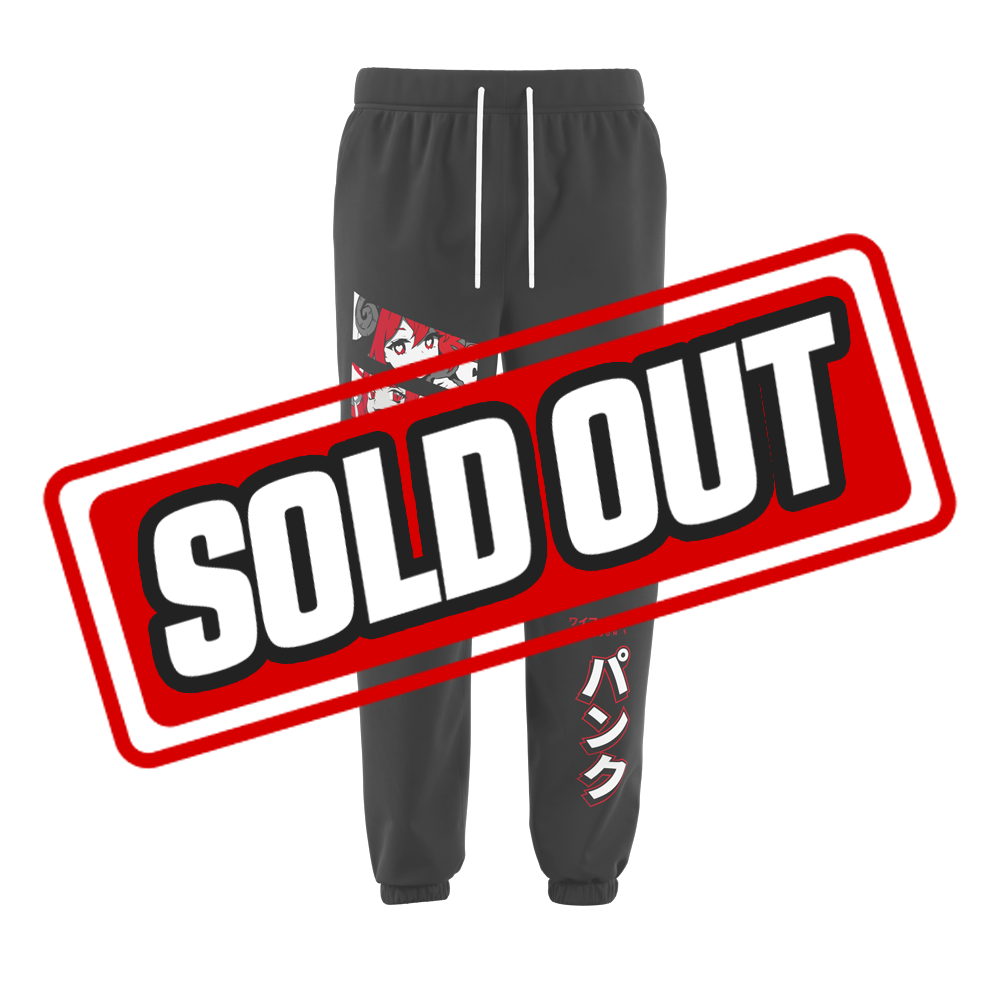 Black sweatpants with elastic cuffs and a back pocket featuring white "Waifu Cups" script logo.