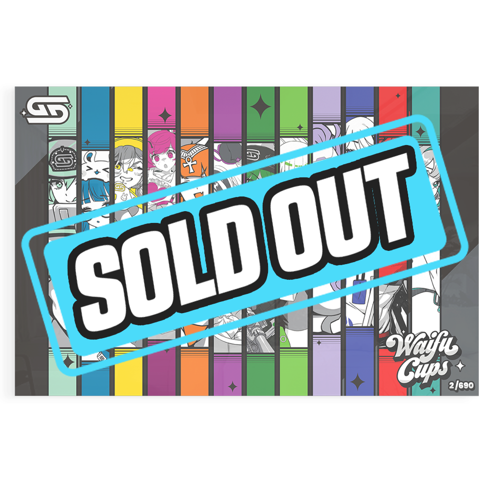 Colorful vertical panels featuring anime-style female characters with distinct outfits on a glossy acrylic poster.