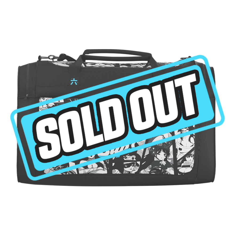 Black and white duffle bag featuring six distinct anime-style female characters in various poses and expressions.