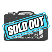 Black and white duffle bag featuring six distinct anime-style female characters in various poses and expressions.