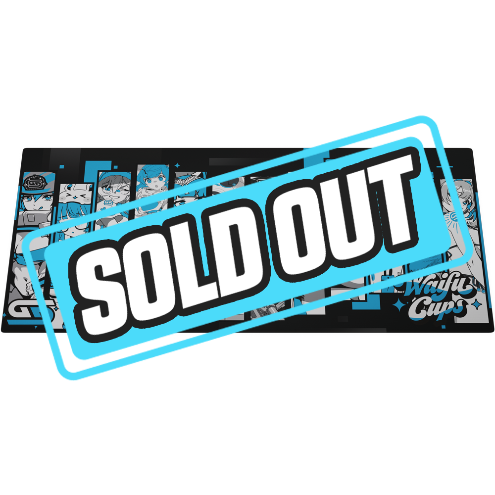 Black mouse pad with vertical panels featuring blue and gray anime-style characters in various poses and expressions.