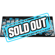 Black mouse pad with vertical panels featuring blue and gray anime-style characters in various poses and expressions.