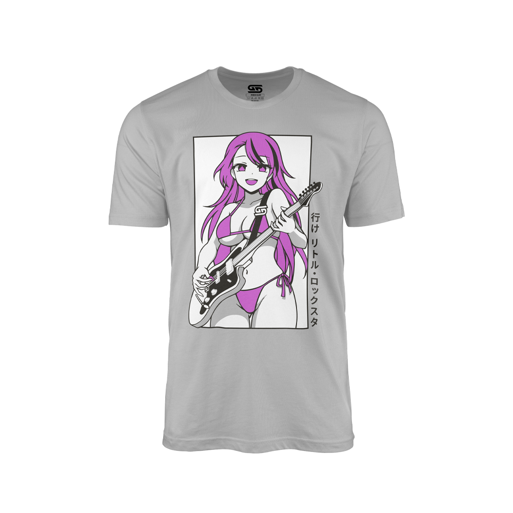 Grey shirt with a purple-haired anime girl in a bikini playing a black electric guitar and Japanese text on the side.