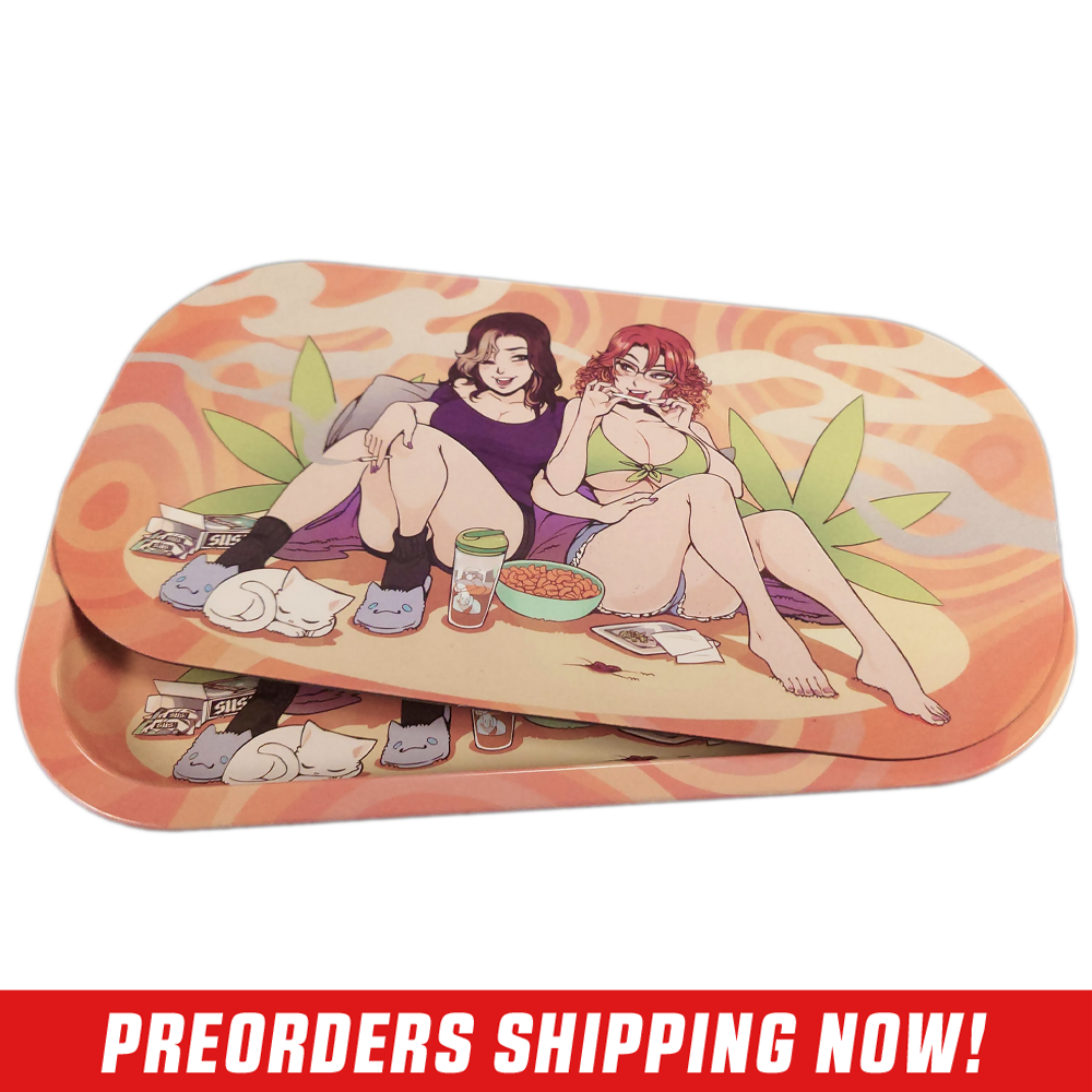 Rectangular tray with orange swirls featuring two women lounging with snacks and green leaf shapes behind them.