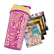 Yellow and purple shaker bottle with abstract all-over print and a bold stylized "G" logo on the front.