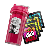 Bright pink shaker cup with anime girl illustration and four colorful GG Energy drink mix packets.