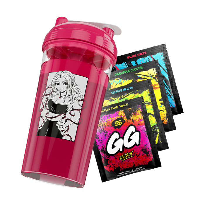 Bright pink shaker cup with anime girl illustration and four colorful GG Energy drink mix packets.