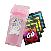 Pink shaker cup with anime-style illustration of two girls in school uniforms beside four colorful energy drink packets