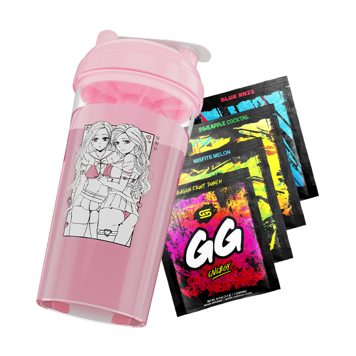 Pink shaker cup with anime-style illustration of two girls in school uniforms beside four colorful energy drink packets