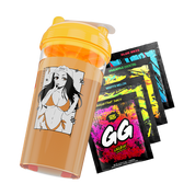 Transparent orange shaker cup with yellow lid featuring anime girl in orange bikini and four colorful energy drink packets