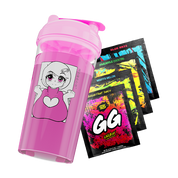 Pink shaker cup with anime girl illustration and four colorful GG Energy drink mix packets in varied flavors.