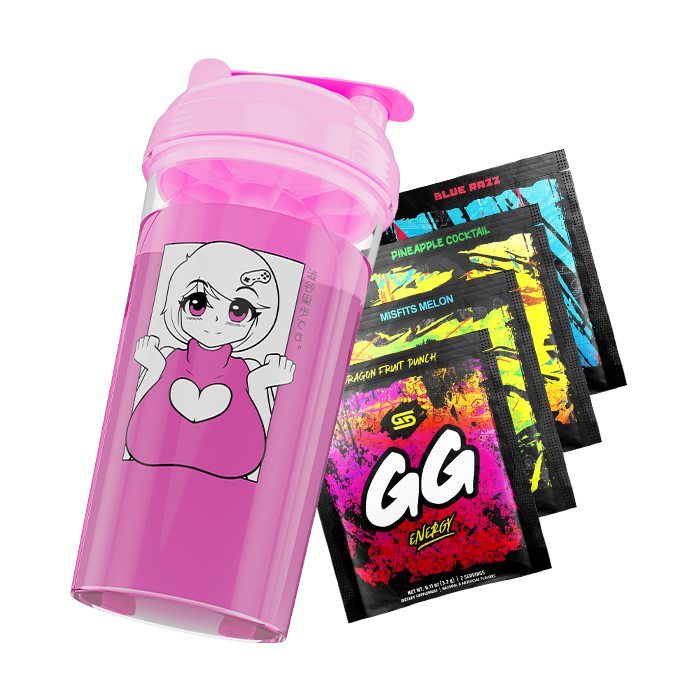 Pink shaker cup with anime girl illustration and four colorful GG Energy drink mix packets in varied flavors.