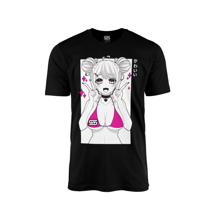 Black shirt with anime girl in pink bikini top making a peace sign and Japanese text on the right side