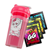Pink shaker cup with a black and white anime girl wearing glasses and red tattoos, next to colorful energy drink packets