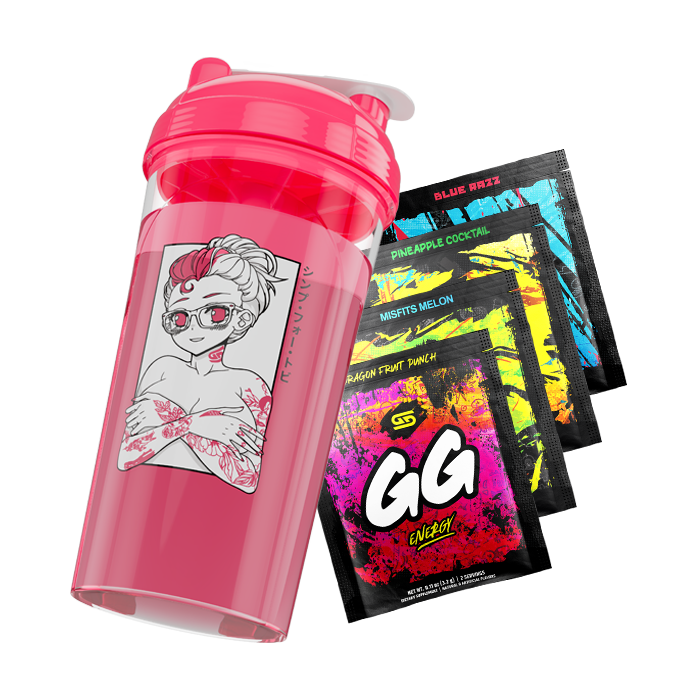 Pink shaker cup with a black and white anime girl wearing glasses and red tattoos, next to colorful energy drink packets