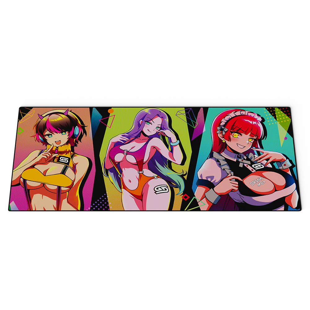 Mouse pad with three anime-style female characters in colorful outfits and vibrant geometric backgrounds.