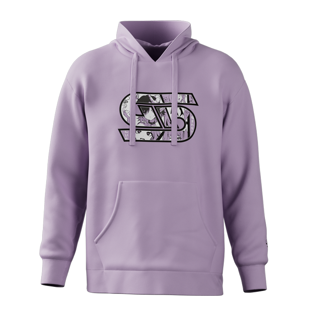 Lilac hoodie with a large black-outlined "WS" logo filled with anime character faces on the chest and a front pouch pocket.
