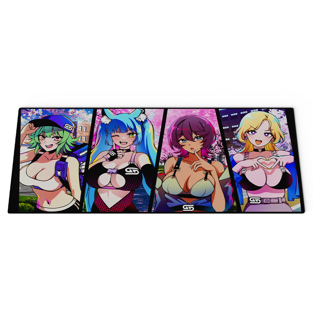 Rolled black mouse pad featuring colorful anime-style characters with green and blue hair in revealing outfits.