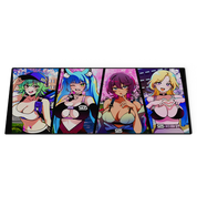 Rolled black mouse pad featuring colorful anime-style characters with green and blue hair in revealing outfits.
