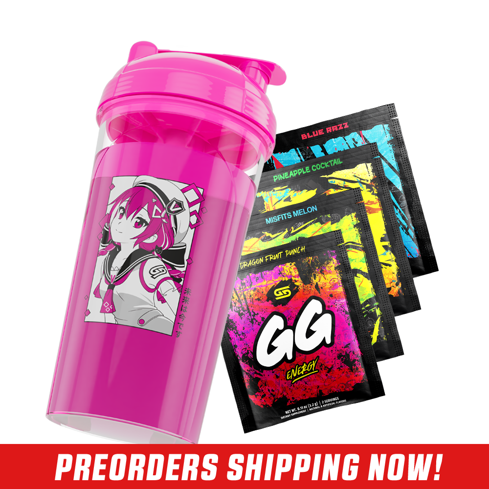 Bright pink shaker cup with anime girl graphic and four colorful GG Energy drink mix packets behind it.