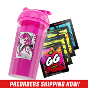 Bright pink shaker cup with anime girl graphic and four colorful GG Energy drink mix packets behind it.