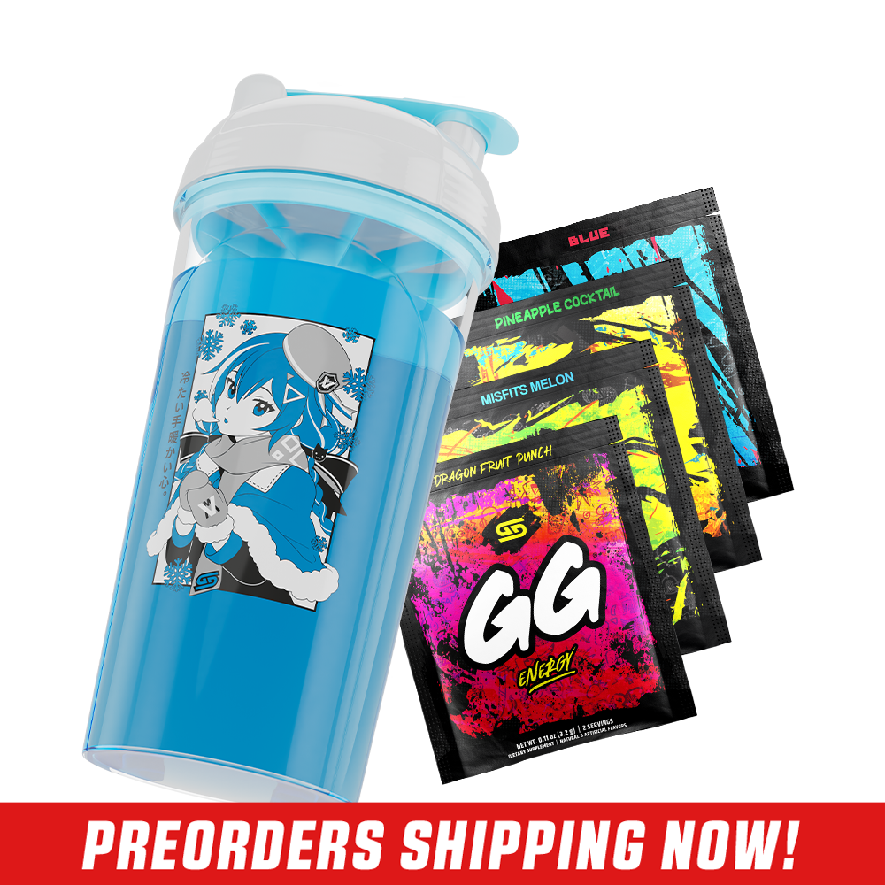 Blue shaker cup with anime girl in winter outfit and four colorful GG Energy drink packets behind it