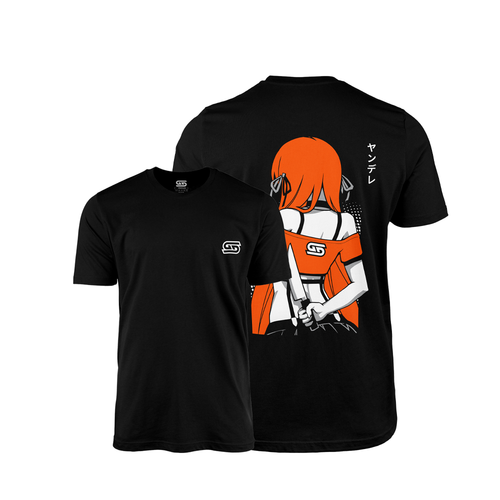 Black shirt with small white logo on front and large anime girl with orange hair holding a knife on the back